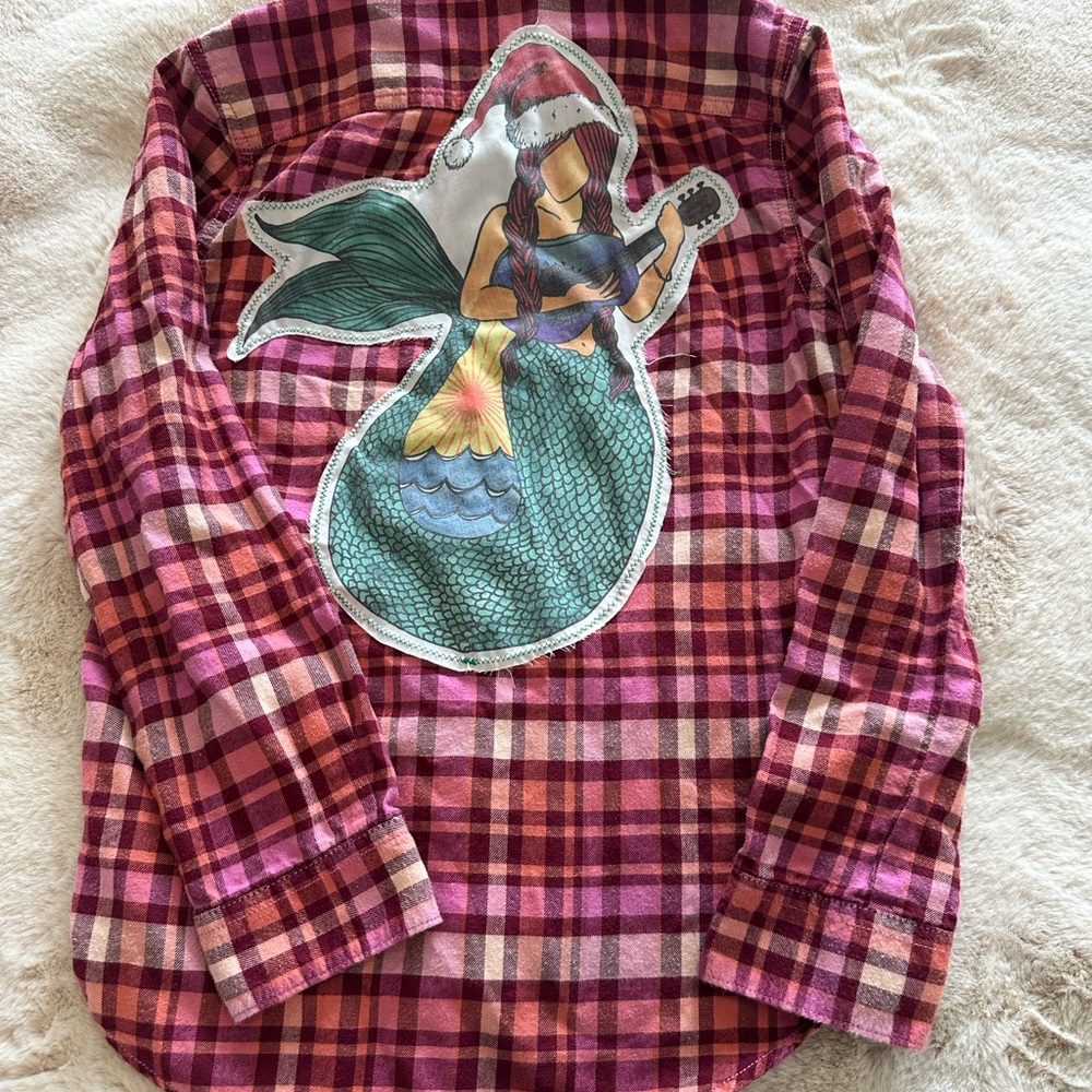 Fin First Girls Upcycled Plaid Shirt with Mermaid Patch (Cat & Jack)